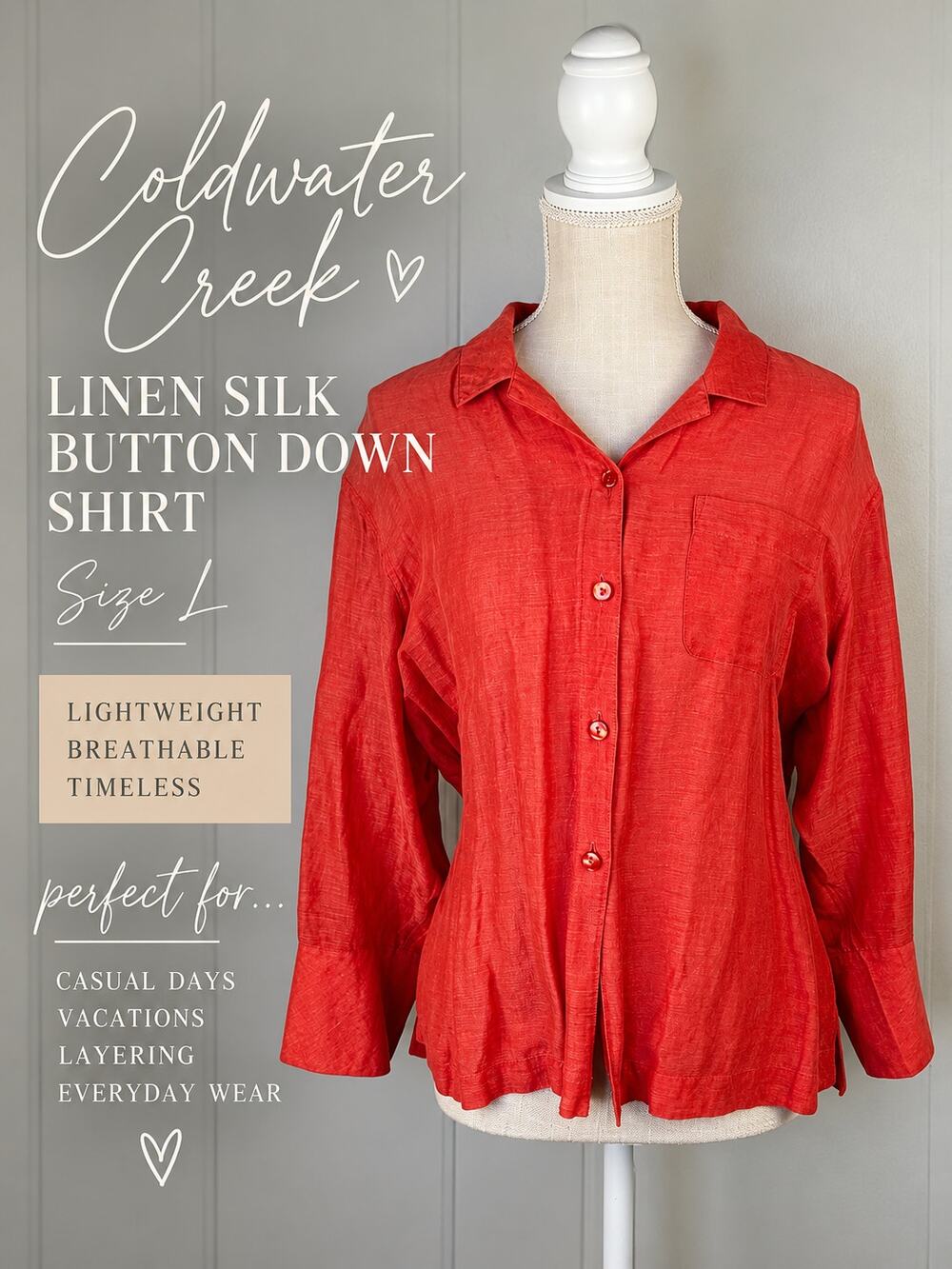 Coldwater Creek Linen Silk Button Down Shirt Large Coral Red Coastal Vacation